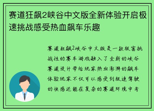 赛道狂飙2峡谷中文版全新体验开启极速挑战感受热血飙车乐趣